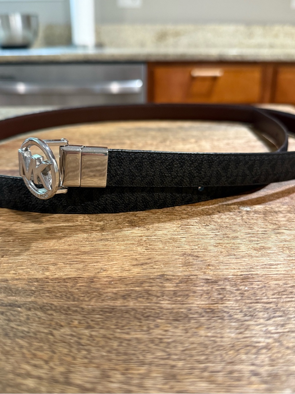 Michael Kors Reversable Black Logo Monogram Slim Belt with Silver Buckle